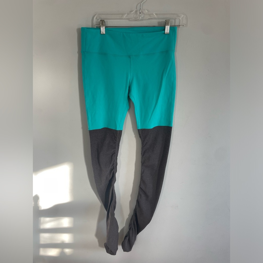 Alo Yoga Goddess Legging Teal Green Gray Ribbed High Waist Ruched Sculpt